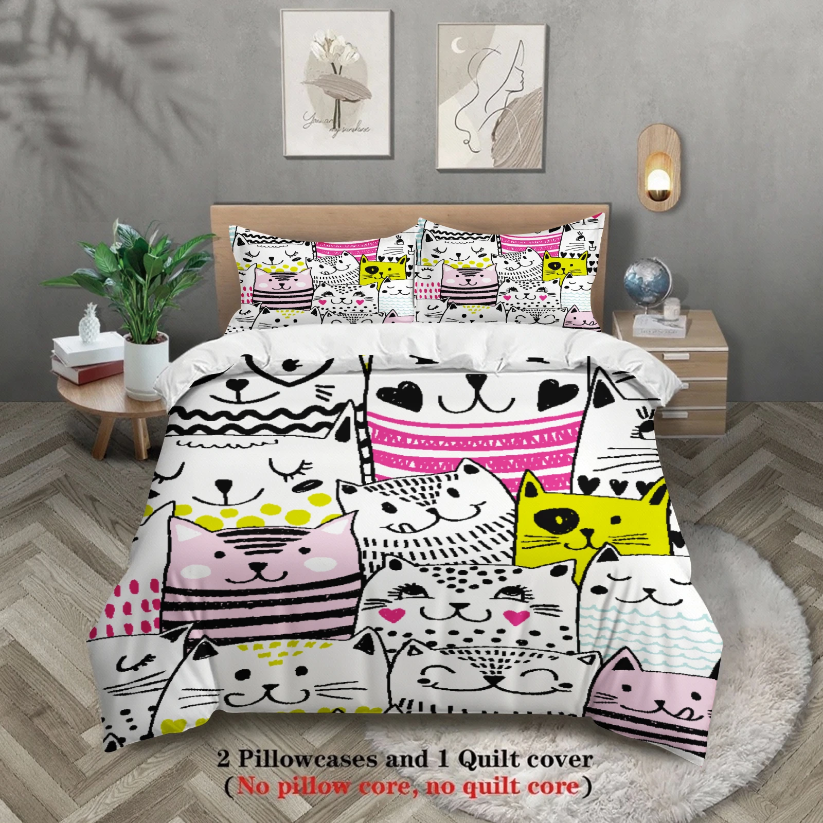 

3pcs Cutel Cats Duvet Cover Cartoon Cat Pattern 3DPrint Gifts For Students Girls 100% Polyester Bedding Sets With 2Pillowcases