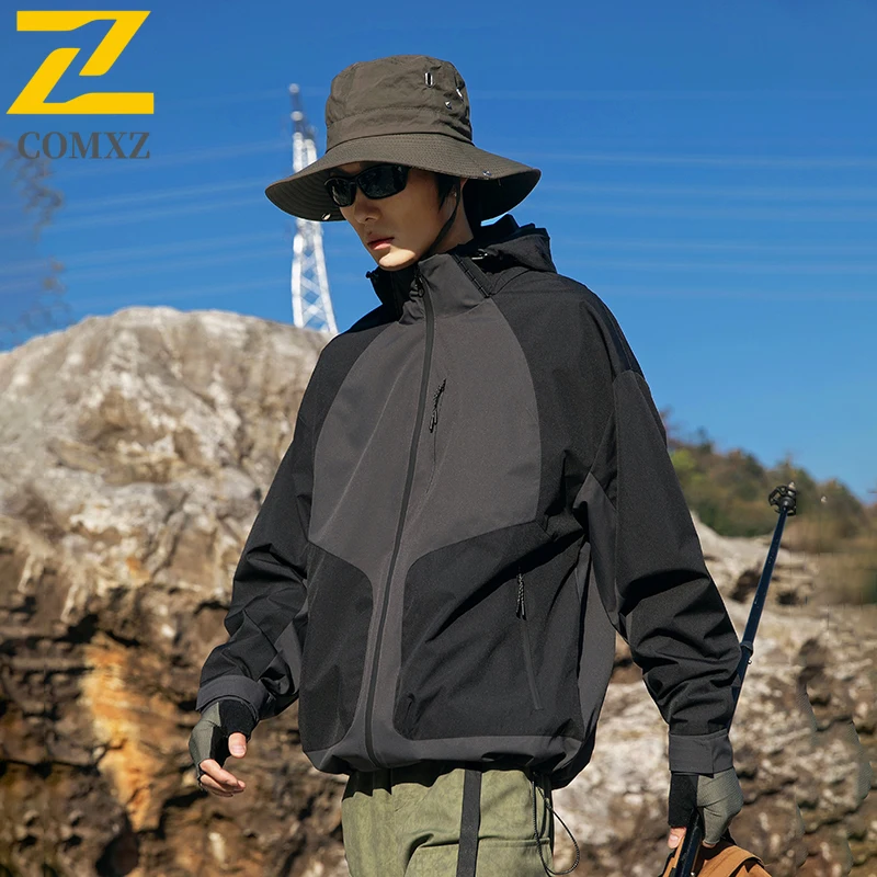 

2025 Autumn Soft Shell Jacket Mens Japanese Trendy Contrast Waterproof Windproof Windbreaker Outdoor Cycling Camping Hooded Coat