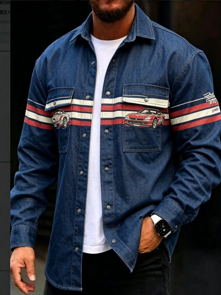 Men's Racing Car Print Fake Denim Long Sleeve Shirt Red White Stripe Detail Lapel Button Down Double Pocket Casual Street Top