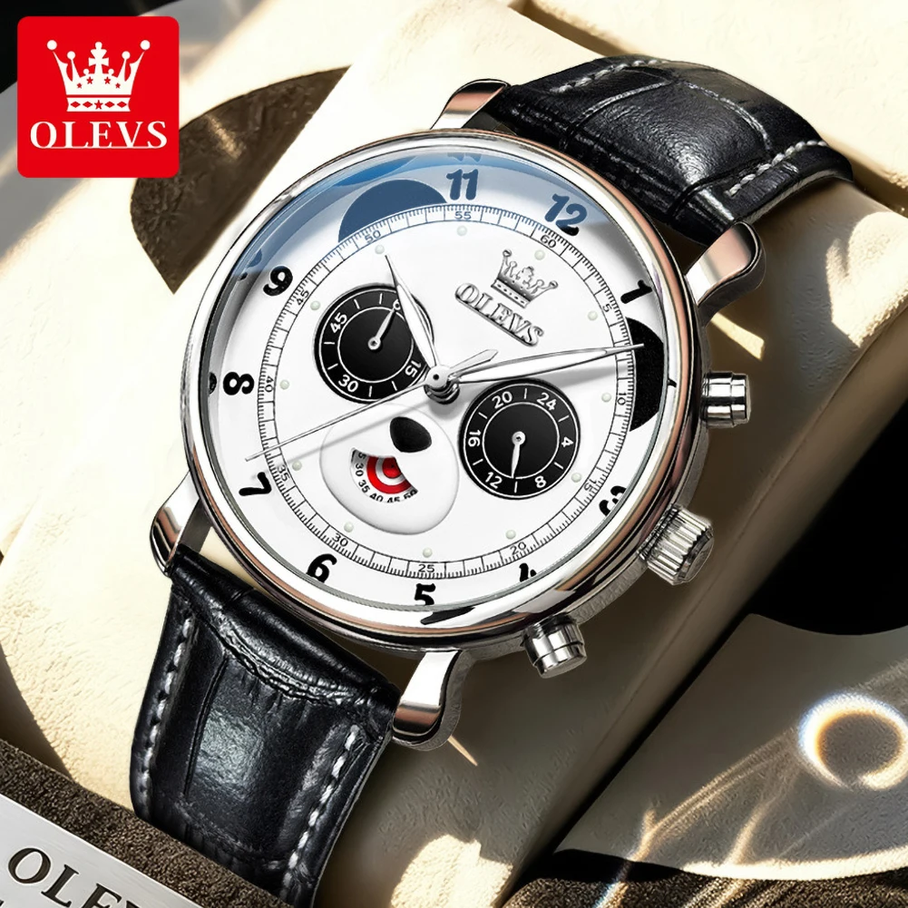 OLEVS 3753 Fashion Men's Quartz Watch Leather Strap Panda Eye Dial Chronograph Waterproof Luminous Wristwatch for Men