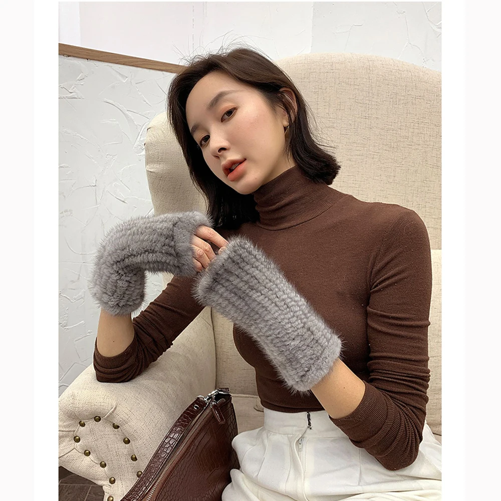 New Women 100% Real Genuine Knitted Mink Fur Mittens Winter Warm Lady Real Fur Fingerless Gloves Handmade Knit Mink Fur Mitten