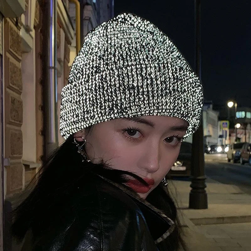 Reflective Beanie Hat Autumn Winter Warm Knitted Hats Men Women Outdoor Sports Ski Caps High Visibility Safety Running At Night