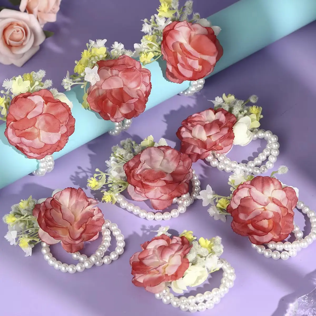 

8PK/Set Romantic Red Flower Wrist Flower Versatile Pearl Bracelet Hand Flower Wedding Bridal Dress Accessories