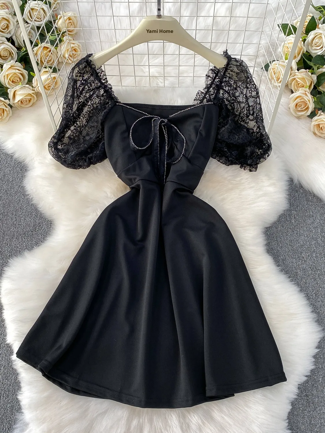 Vestido E com Mangas em Camadas e Renda, Vestido Preto Sexy de Verão com Cintura Alta e Cinto, Estilo Coreano, Vestido...