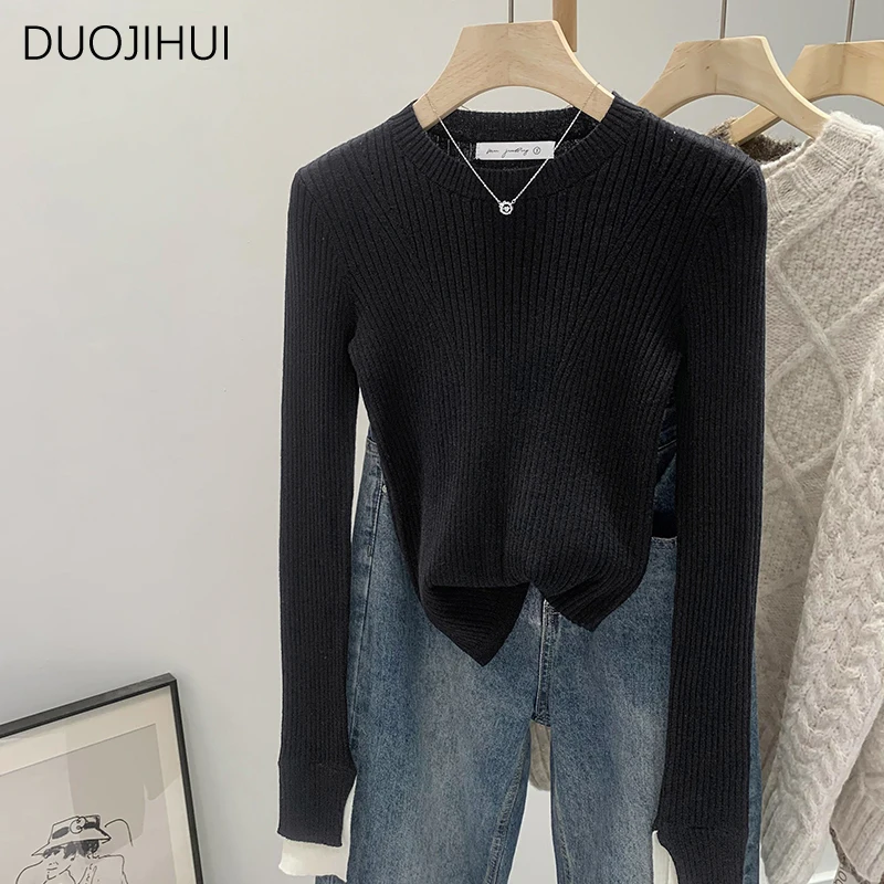 DUOJIHUI Korean Black Classic Striped Slim Knitted Female Pullovers Basic O-neck Simple Long Sleeve Fashion S-L Women Pullovers