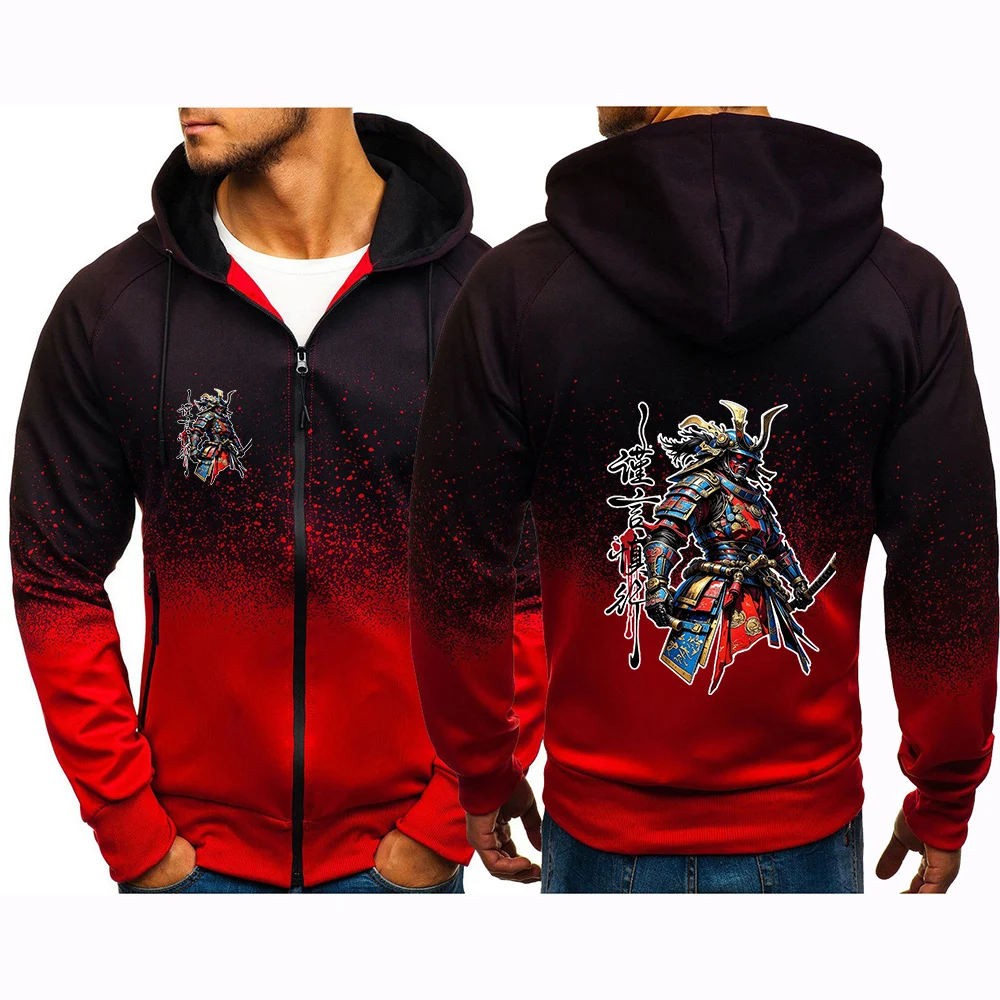 Street-style Samurai Pattern Logo 2026 Spring And Autumn Men's Gradient Color Hoodies Fashion Popular Zipper Comfortable Jacket