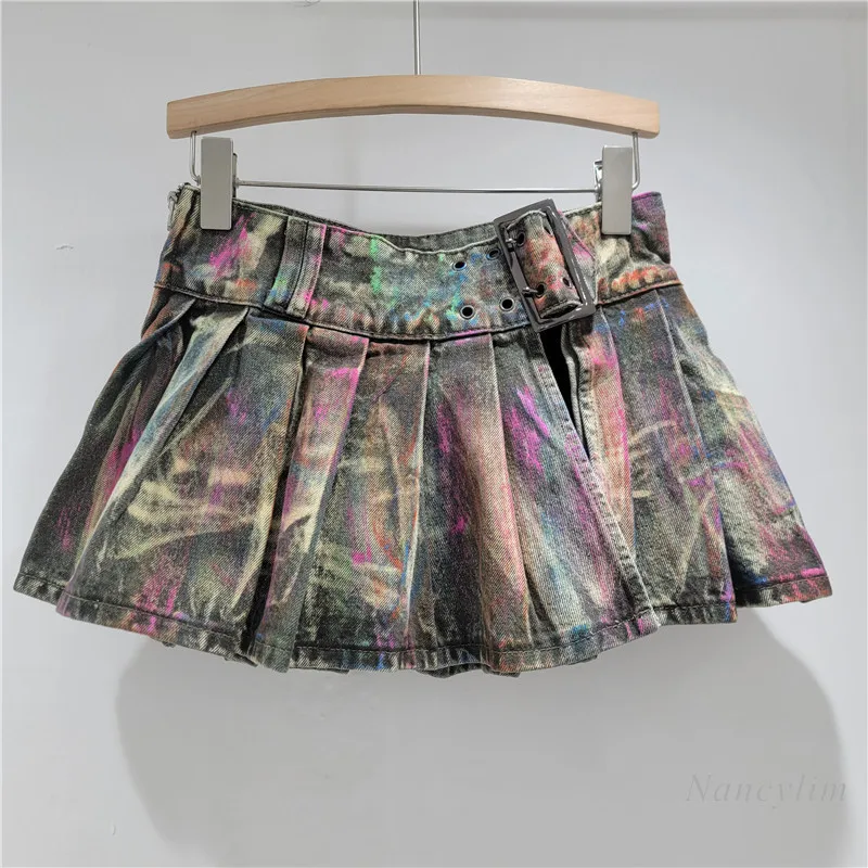 

American Retro Spice Girl High Waist Denim Pleated Skirt, Women's Summer New Anti-light Short Skinny Mini Skirts