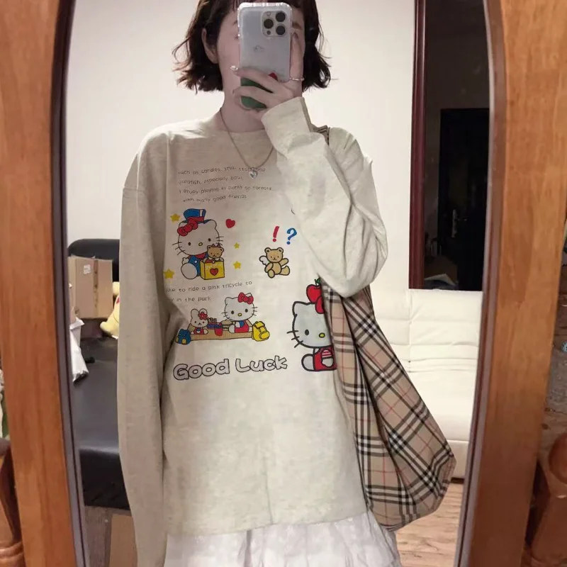 سانريو مرحبا كيتي الشباب المرأة تي شيرت Kawaii الكرتون الخريف والشتاء موضة ملابس امرأة طويلة الأكمام تيز القمم Newstyle #5