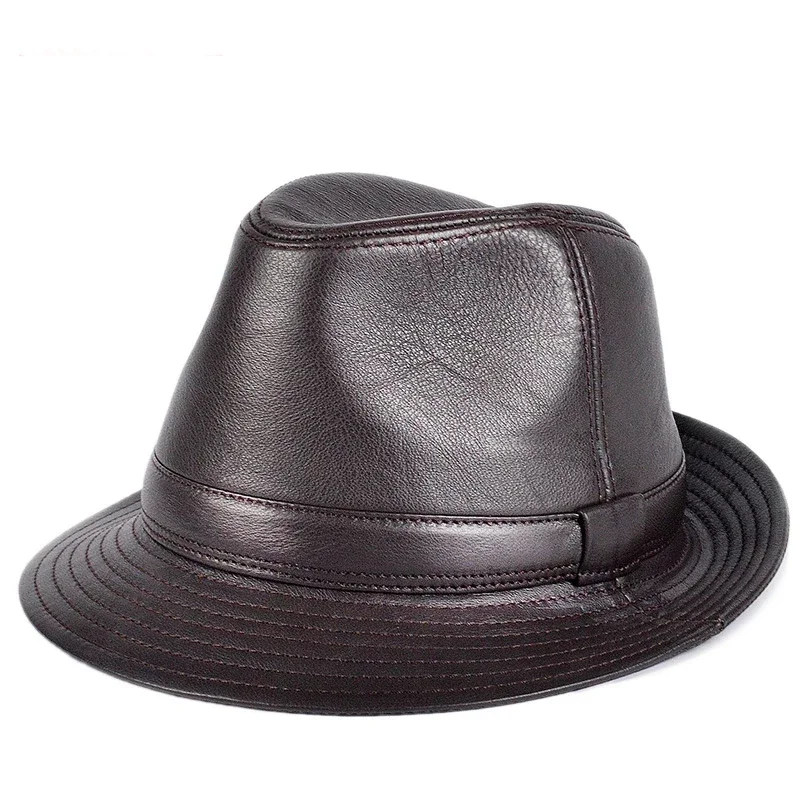 

Мужская высококачественная натуральная кожа Jazz Fedora, джентльменская коровья кожа с короткими полями, черный/коричневый хип-поп, облегающий цилиндр, мужской показ, топпер