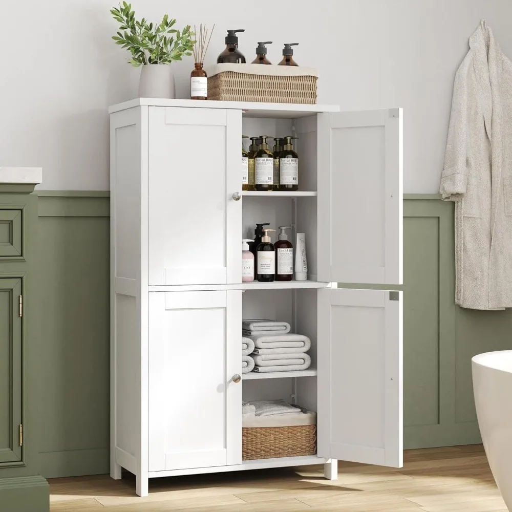 

Bathroom Floor Storage Cabinet, Freestanding Pantry Cabinets with 4 Doors & 3 Adjustable Heights, Bathroom Organizers