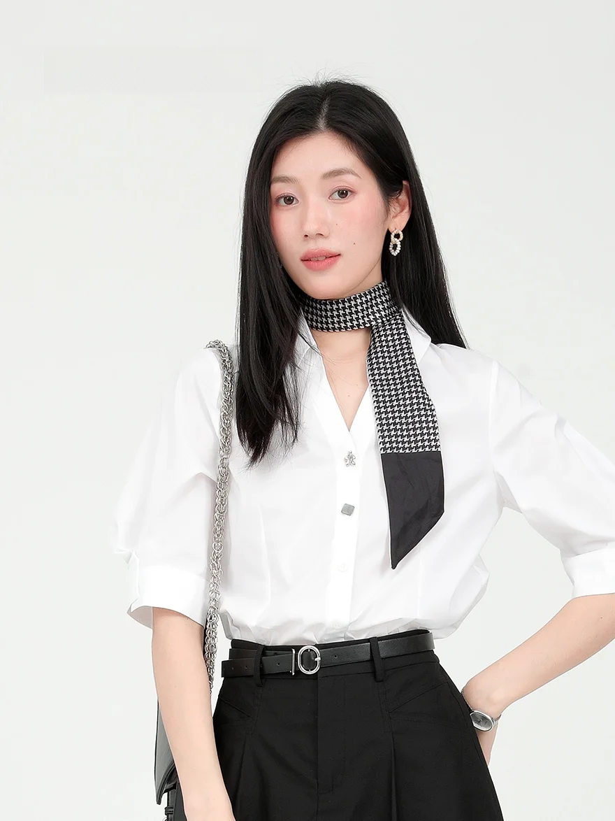 

Рубашка Dailanzhi Spring 2026 с V-образным вырезом, белая, с рукавом 3/4, универсальная, из смесового хлопка, для делового повседневного стиля