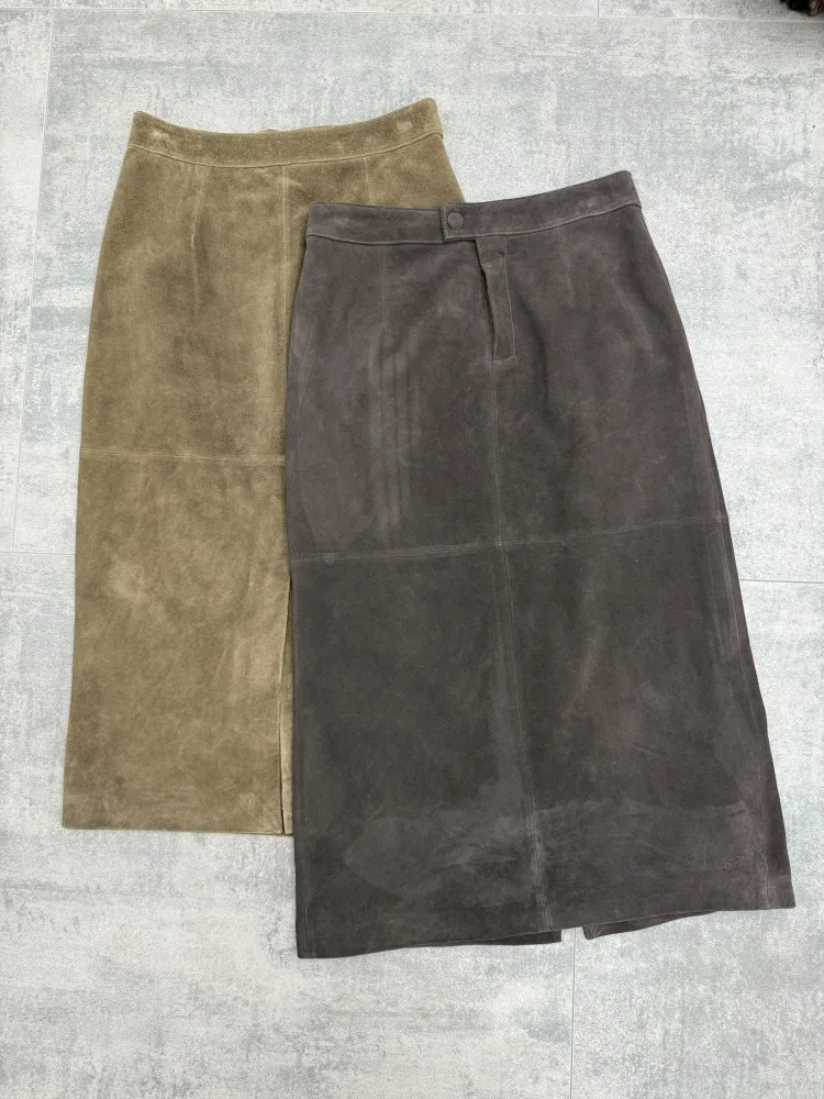 Elegant Office Ladies Genuine Leather Skirt High Waist Medium Long Women Vintage Suede Sheepskin Slim Fit A Line Split Skirts