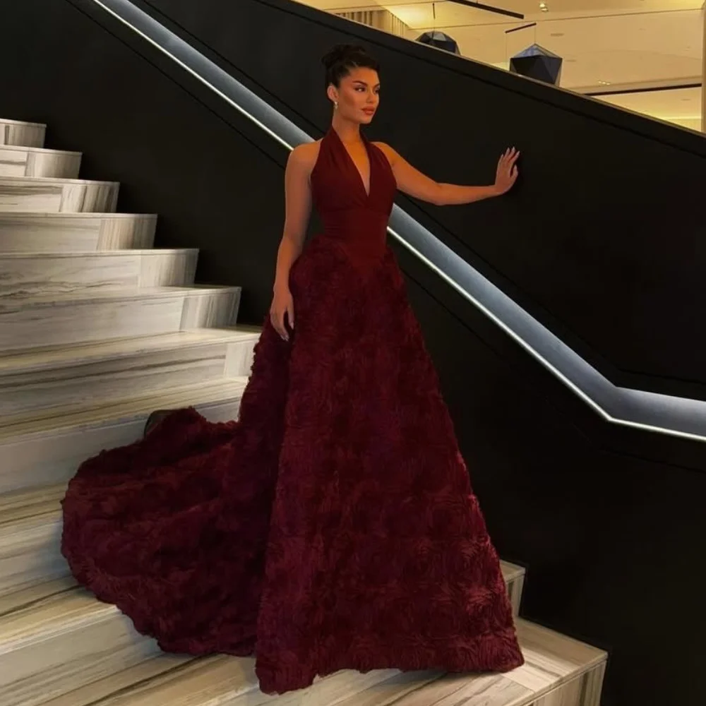 Customized Intricate Matching Burgundy Jersey Shawl Handmade Flower A-line V-neck Long Dresses Evening Dresses Sizes Available