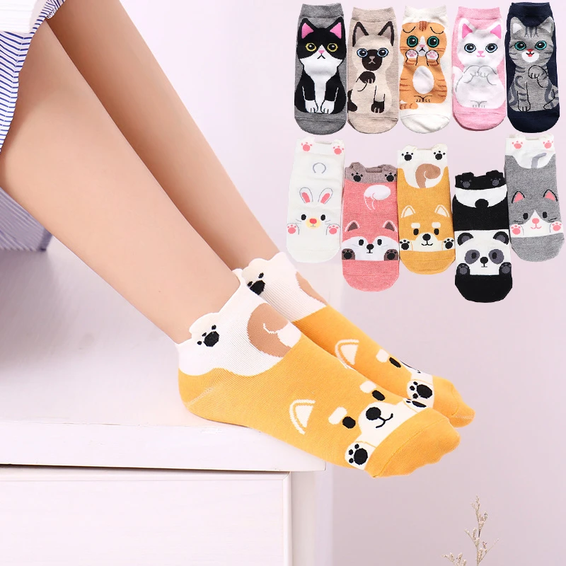 Kawaii Women Short Socks Funny Cute Cartoon Animal Cat Dog Fox Panda Rabbit High Quality Cotton Harajuku Casual Ankle Socks Sox