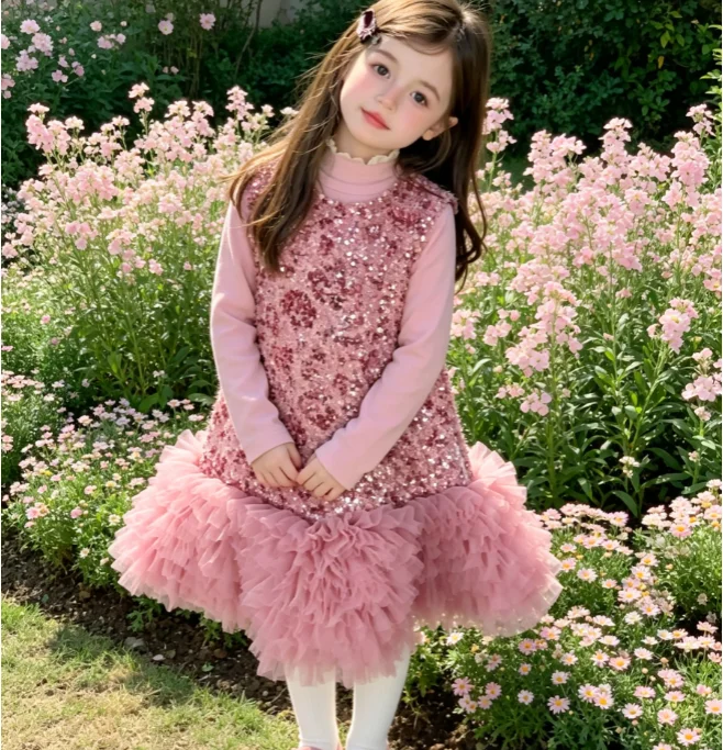 Girls' Suit 2026 Autumn and Winter New Children's Wear Korean Style Girl Baby Lace Bottom Shirt Sequined Princess Dress Two Sets