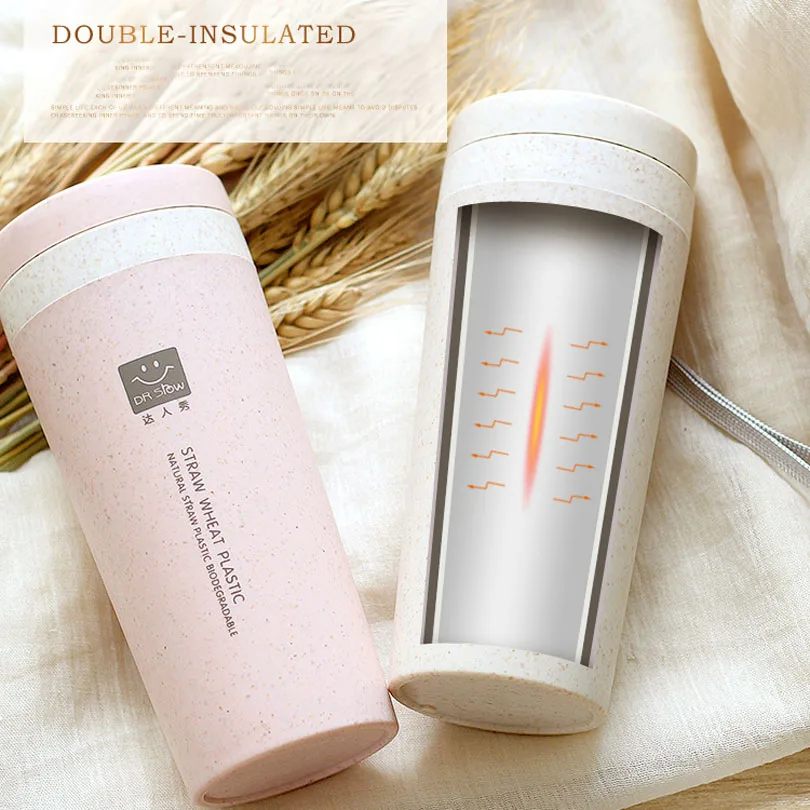 D5 Portable 300ML Thermos Bottle Healthy Plastic Cup Wheat Fiber Double Layer Thermal Mug Office Coffee Tea Water Bottle Gifts