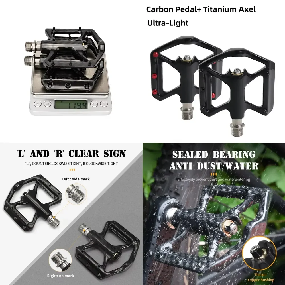 AP01 Real Carbon Fiber Titanium Alloy Axle 6 Bearings Flat Pedal for MTB Road Bike 179g Pair Ultralight Smooth 9/16 Thread