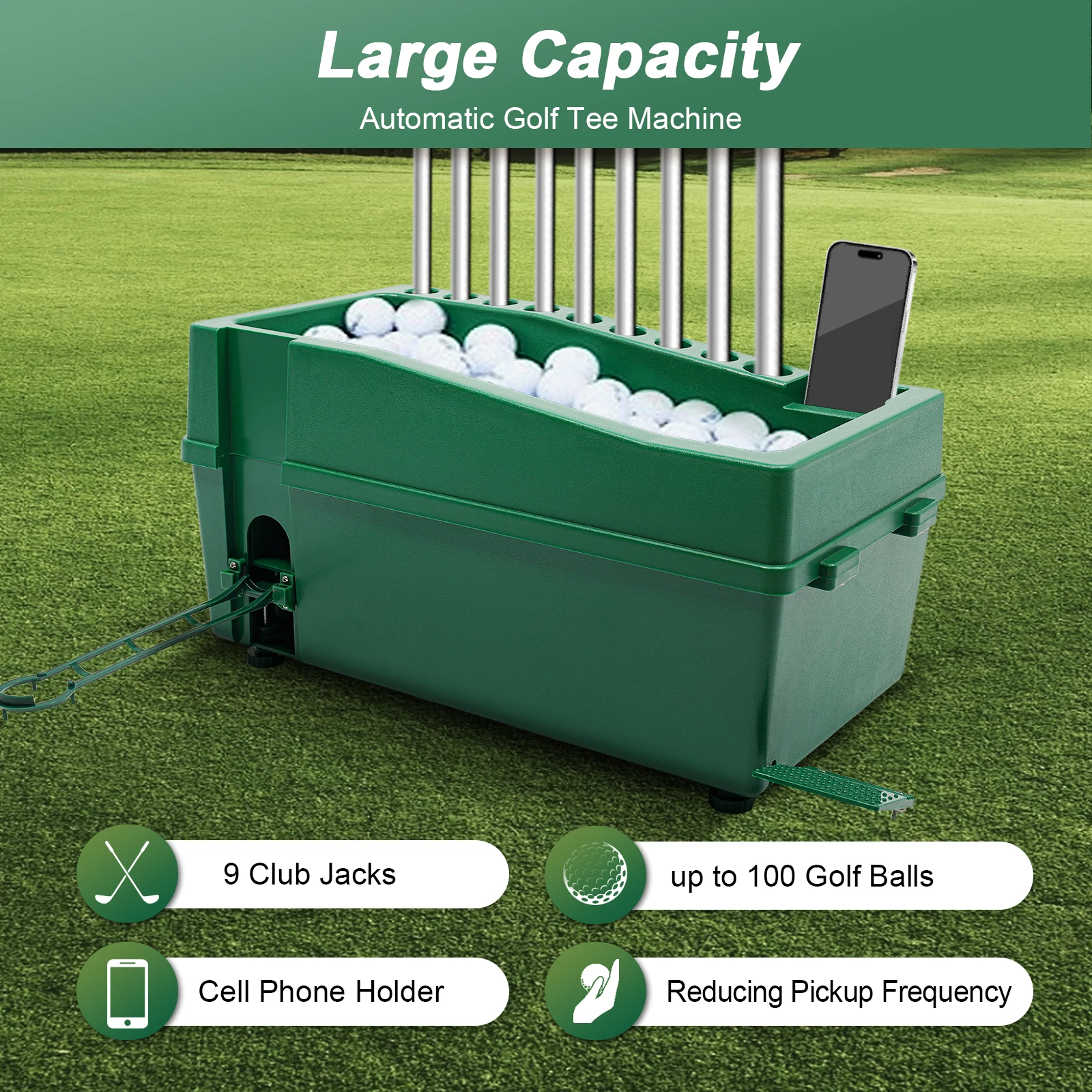 Máquina de arremessar bola de golfe com suporte Cue Máquina automática de servir Green Ball Dispenser Ferramenta de arremessar bola de golfe Organizador do clube