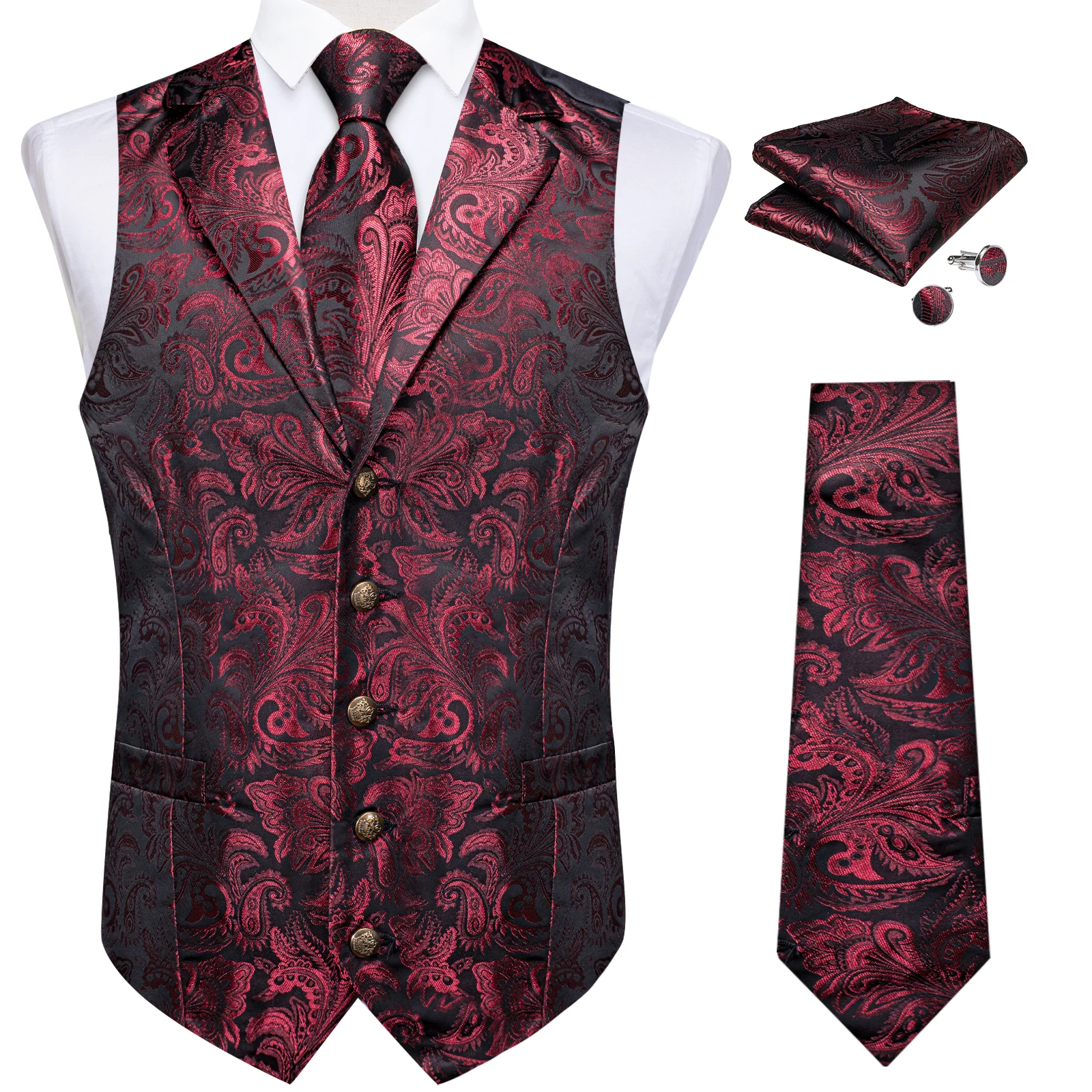 

Designer Men's Suit Vest Red Paisley Wedding Party Silk Waistcoat Neck Tie Handkerchief Cufflinks Gilet Men Clothing DiBanGu