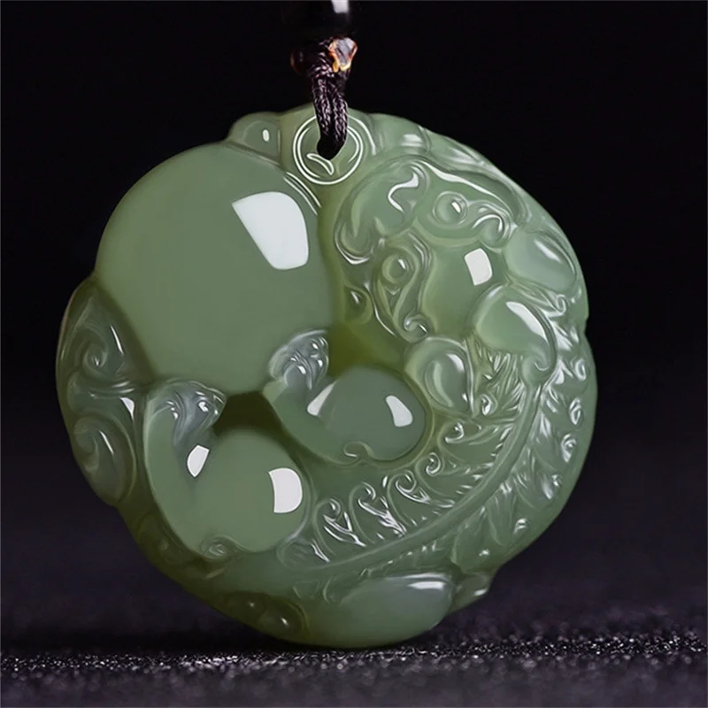 

Jia Le/ 100% Hand Carved Natural Kunlun Jade Holding The Ball Pixiu Necklace Pendant Fashion Personalized Men Women Couple Gift