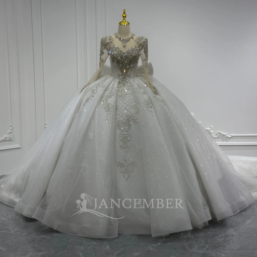 

Customized Long Sleeve Ball Gown Wedding Dresses With Bow 2025 O-Neck Princess Ruffles Bridal Gown Luxury vestidos de novia boda