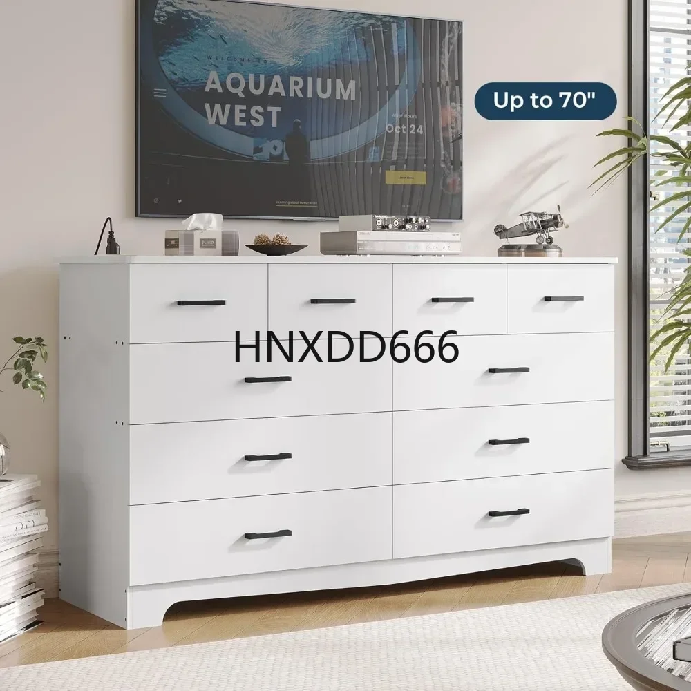 

White Bedroom Dresser with 10 Drawers, Large Chest of Drawers Storage Organizer, Long Dresser TV Stand with Power Outlets