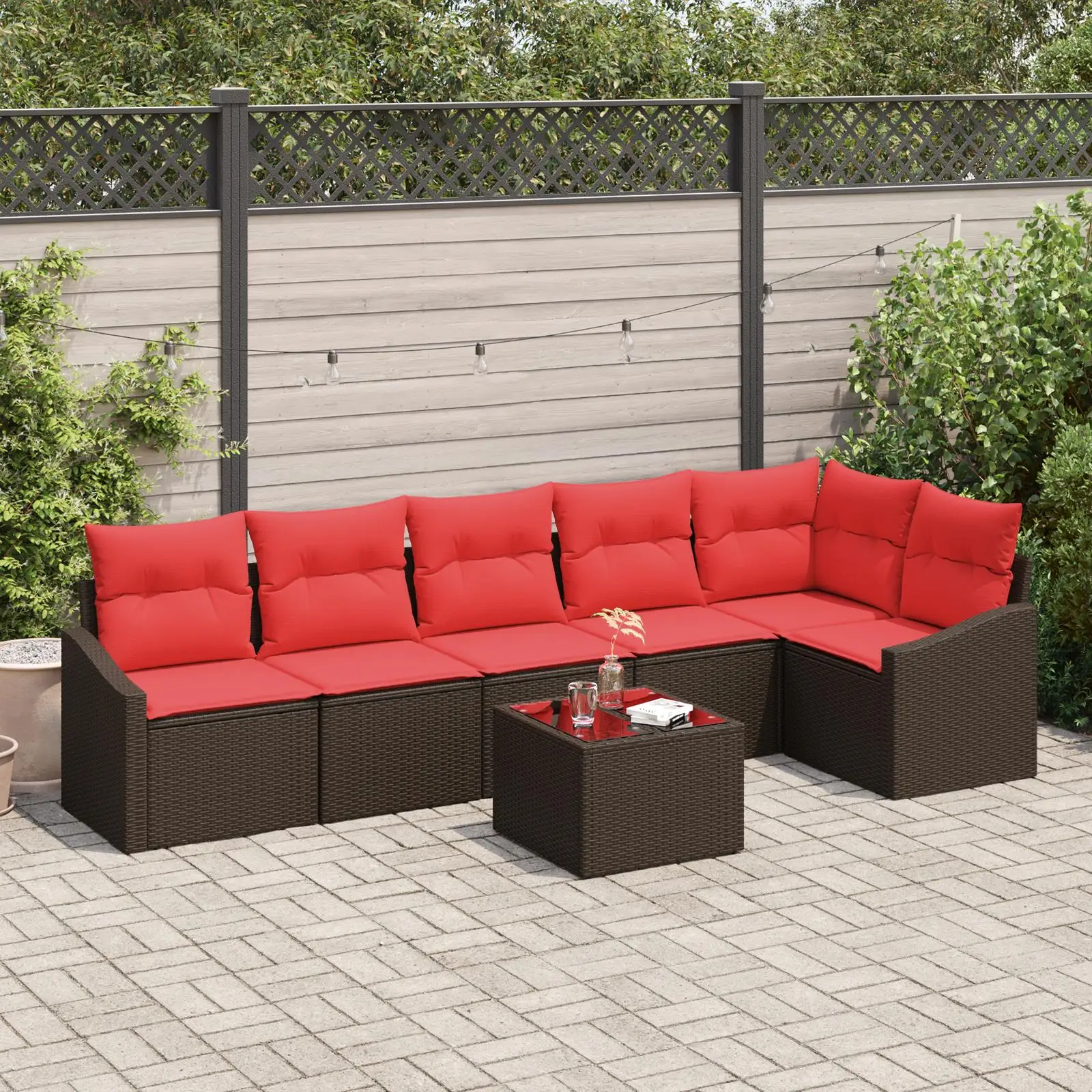 

7 Piece Outdoor Patio Sofa Set with Brown Poly Rattan Cushions Comfortable Garden Furniture