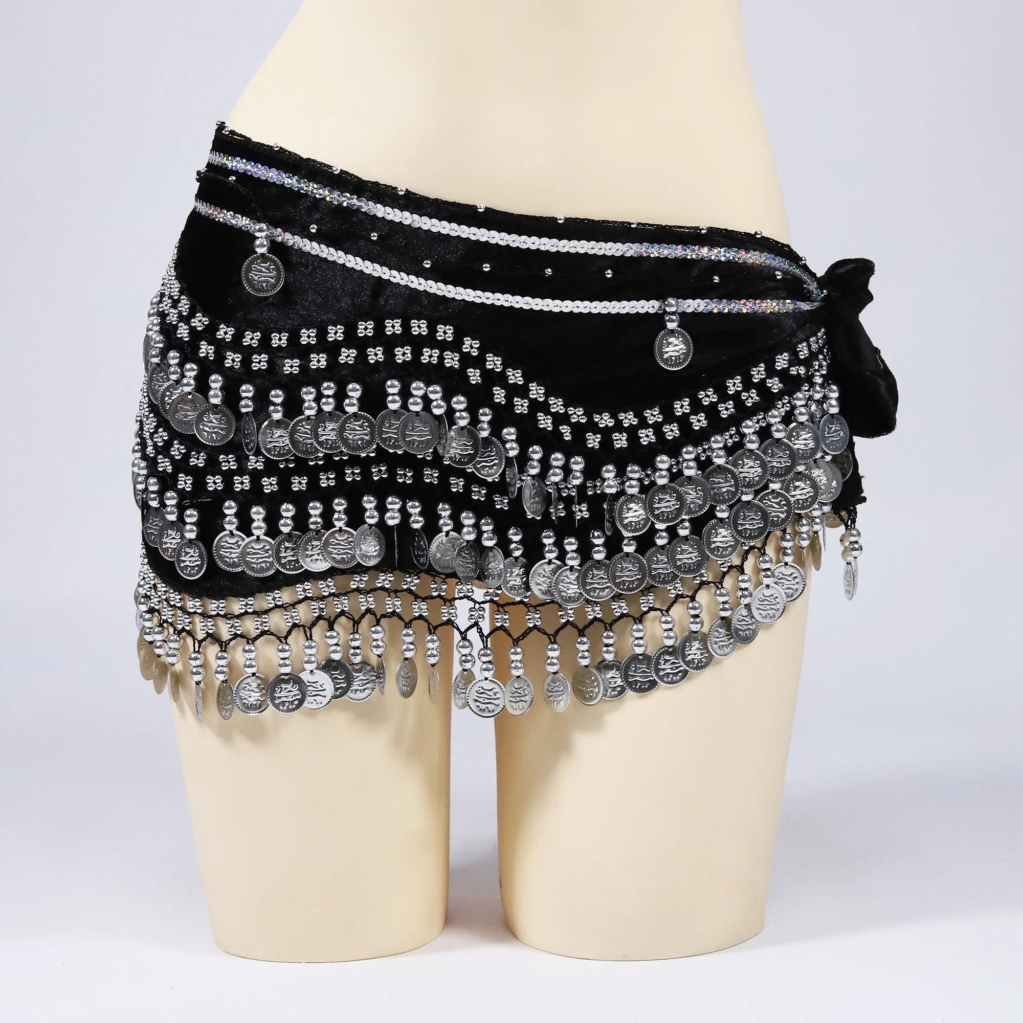 ผู้หญิงคลาสสิก Belly Dance สะโพกผ้าพันคอลูกปัดเข็มขัดกํามะหยี่ Shimmy เหรียญเข็มขัดเริ่มต้น Bellydancer อุปกรณ์เสริมกระโปรงสั้น