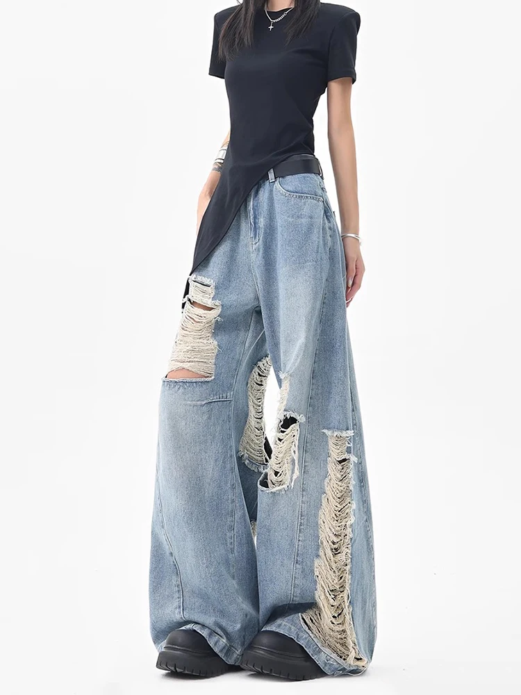 REDDACHiC Street Style Destroyed Baggy Jeans Patchwork Vintage Wash Low Waist Straight Wide Casual Pants Trousers Women Clothes