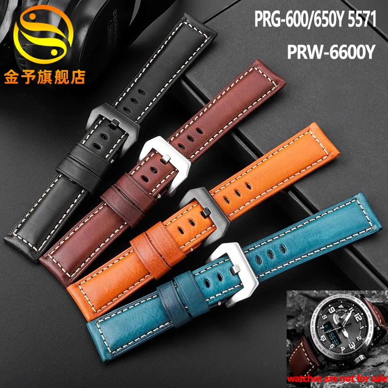 

High quality Italian Leather Watch band for Casio PROTREK Series PRG-600/650Y 5571 PRW-6600YOutdoor Sports Bracelet Strap 24mm