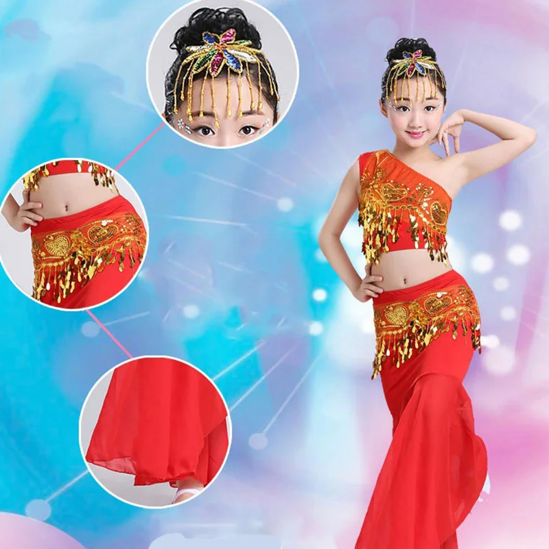 Women Belly Dance Children Day 100-160Cm Shoulder Off Girl Oriental for Kids Costumes Cosplay Stage Sequin Skirts Tail Fish