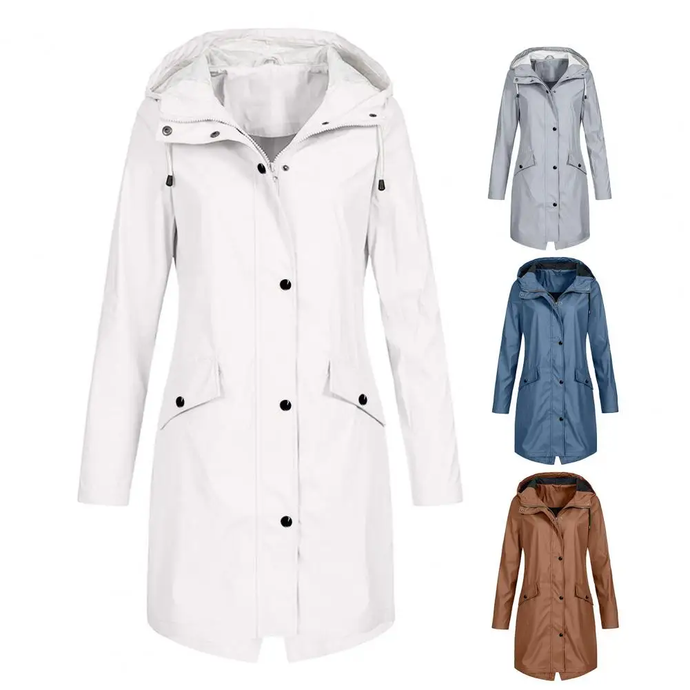 

Women Autumn Winter Rain Jacket Hooded Long Sleeve Buttons Zipper Placket Pockets Design Men Windproof Long Coat