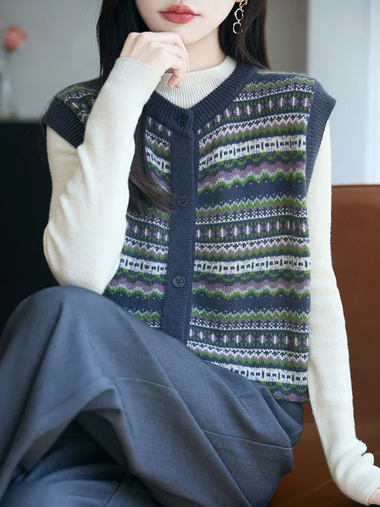 

Retro Knitted Flower Design Svel Vest Women's Versatile round Ne Cardigan Faionable Layering Tank Top Open Cardigan