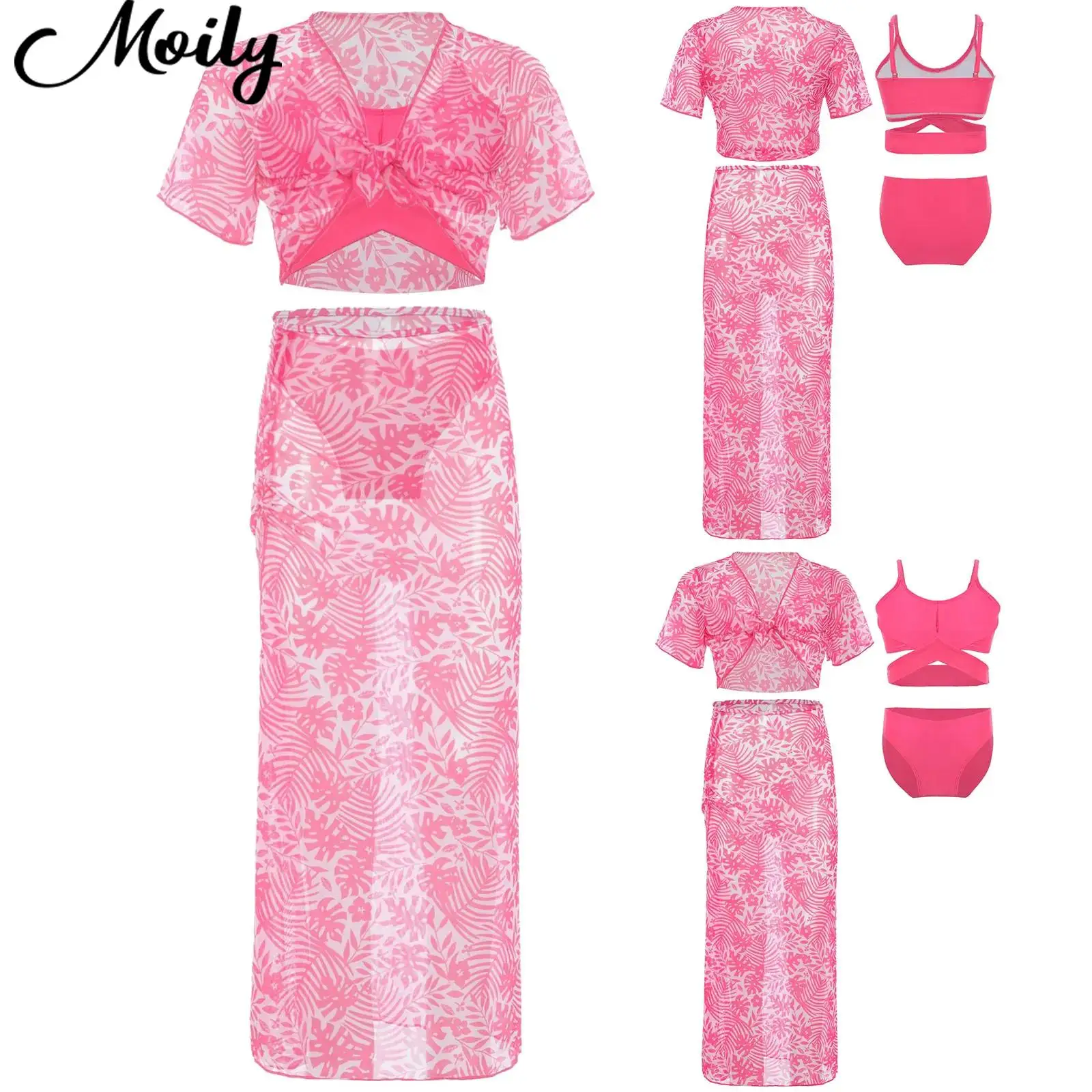 

Kids Girl Four Piece Swimsuit Fashion Tropical Print Coverup Tops Skirt Set Bathing Suits for Swimming Beach Pool Party Swimwear