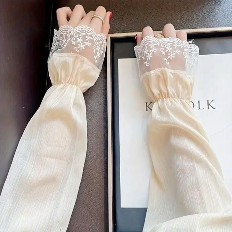 Calentadores de brazo de encaje para ciclismo y conducción de manga larga para mujer, protección Uv, mangas de mano holgadas y frescas, guantes sin dedos a la moda, verano