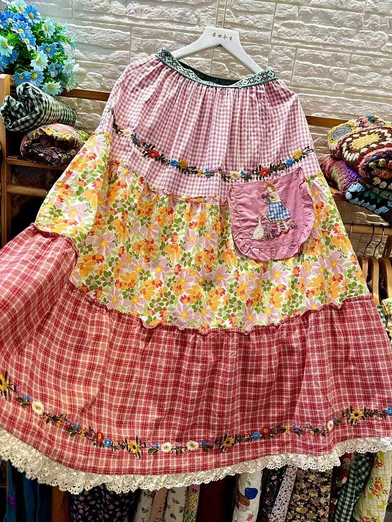 

Japanese Sweet Mori Girl Vintage Floral Print Lace Embroidery Patchwork Skirt Women Elastic Waist Loose A-Line Cotton Skirts