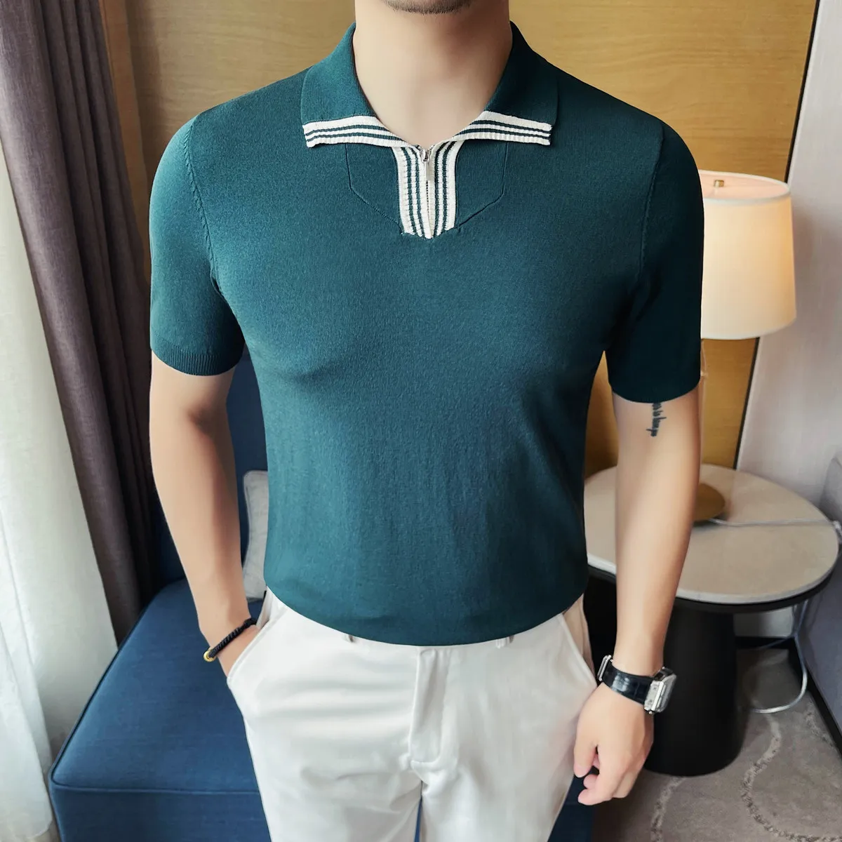 

Summer Knitted Ice Silk Short Sleeved Polo Shirt Men's Versatile Zipper Lapel T-shirt Casual Business Knitted POLO Tee Tops 2026