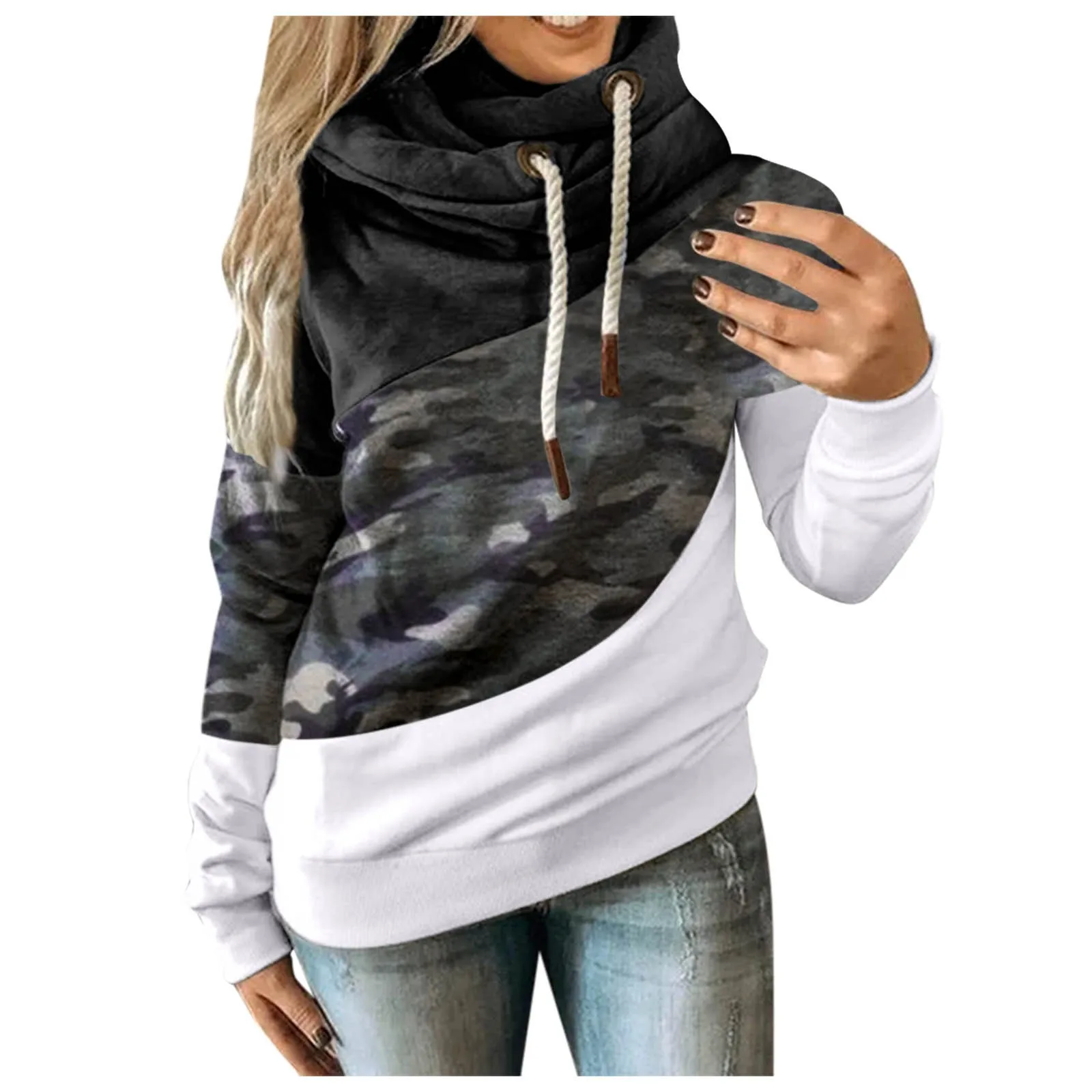 Y2K Clothes Hoodies for Women Vintage Color Block Print Hooded Pullover Casual Long Sleeve Drawstring Sweatshirt Blouse Tops