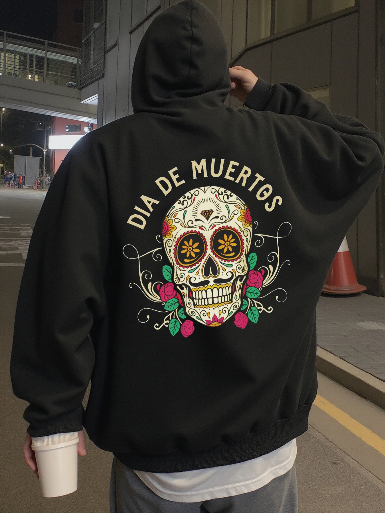 Hoodie para homem street wear dia de muertos impressão crânio rosas gráfico hoodies masculino vestindo na primavera, outono e inverno moletom