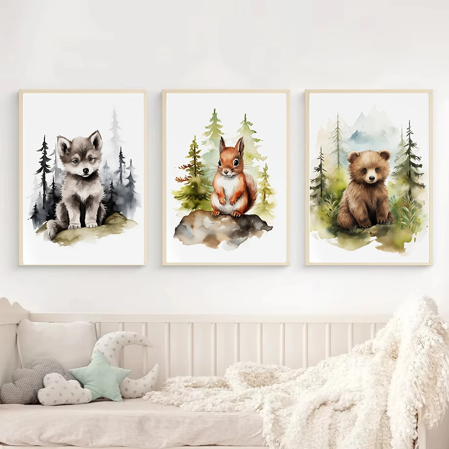 1pc frameless Canvas Painting Watercolor Woodland Baby Animal Forest Bear Deer Fox Owl Wolf Poster Canvas Painting Nursery Wall