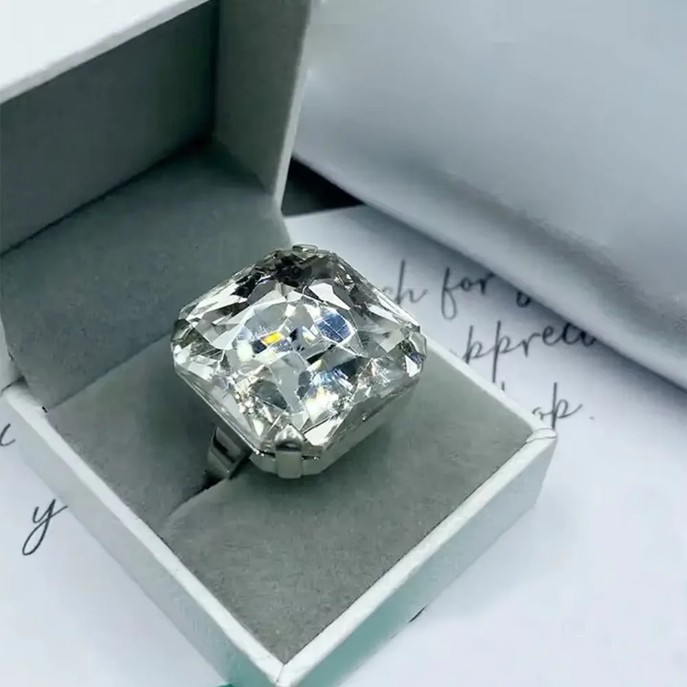 Square Shape Square Rhinestone Ring Adjustable Size Rhinestone Crystal Adjustable Crystal Ring Large Size Exaggerated Giant