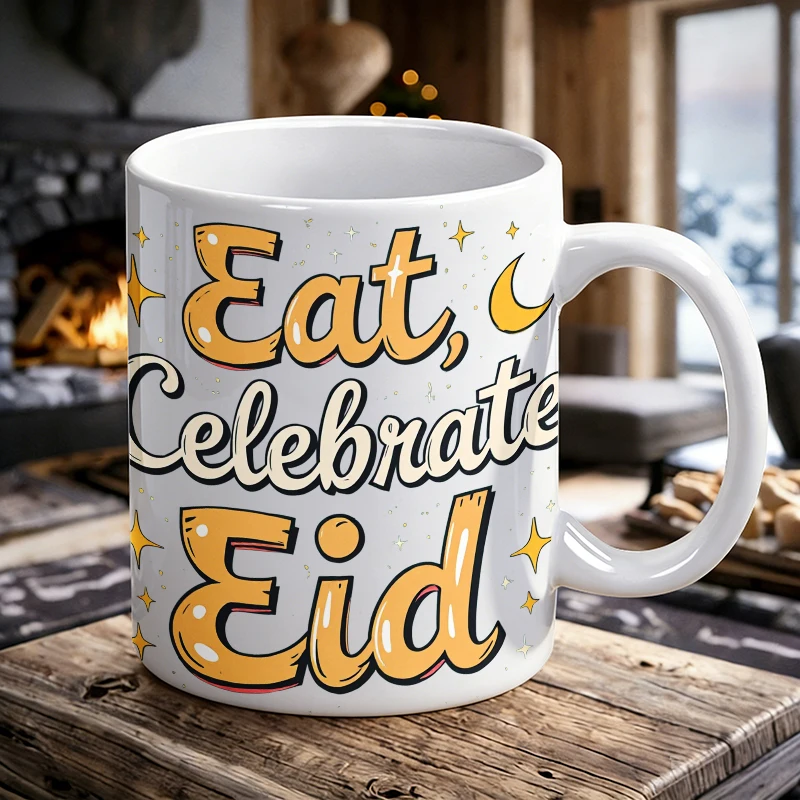 

Retro Cartoon Eid Quote Mug, Cute 'Eat Celebrate Eid' Ceramic Coffee Cup, Milk Cup, Office Tea Cup, Gift for Friends