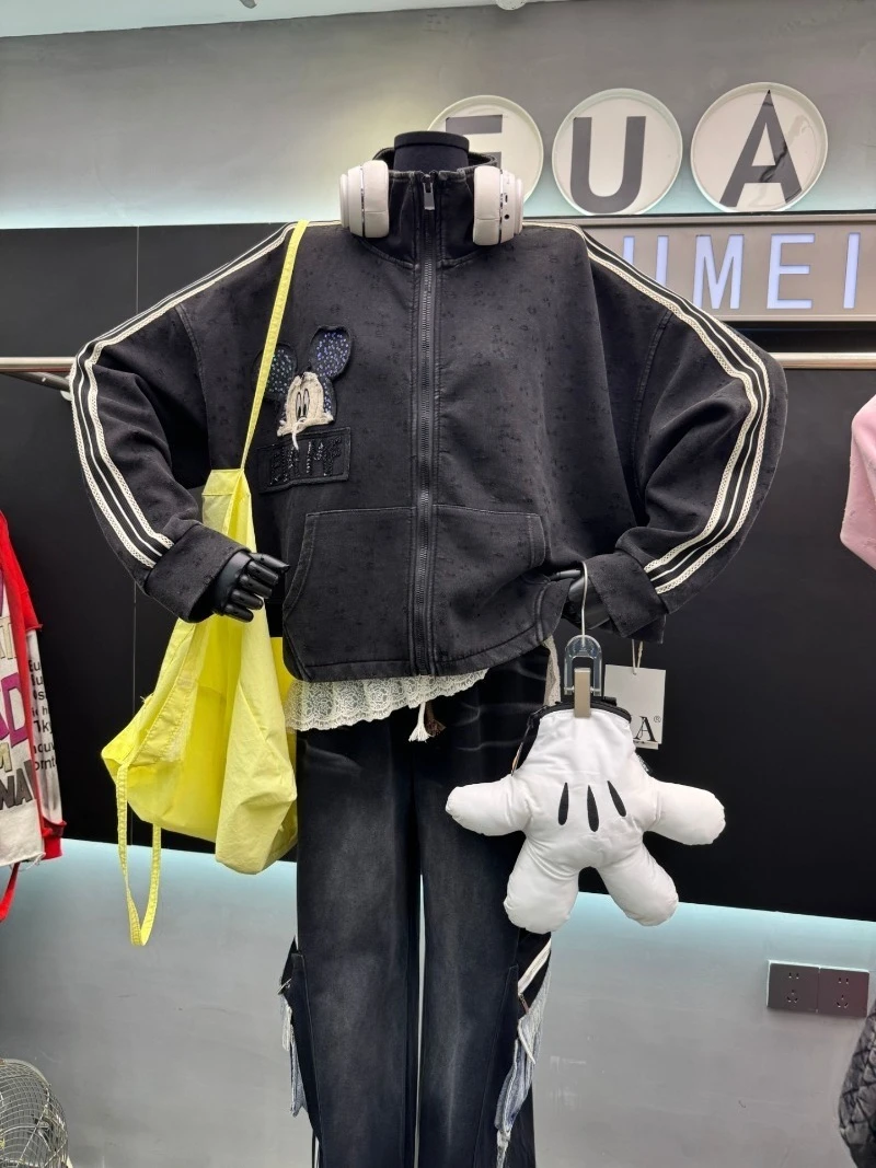 Unique Design Age-Reducing Jacket Autumn New Heavy Industry Sequin Patch Embroidery Cartoon Fashion Top Ins Style Zipper Coat