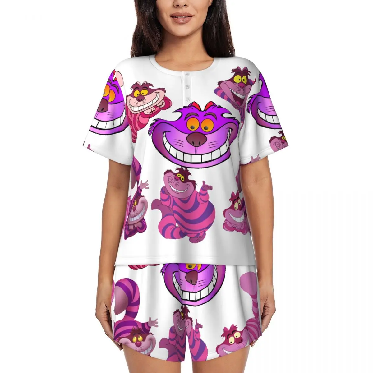 

Женский пижамный комплект «Алиса в стране чудес» с чеширским котом, комплект из двух предметов с принтом на заказ, одежда для сна с короткими рукавами, домашняя одежда