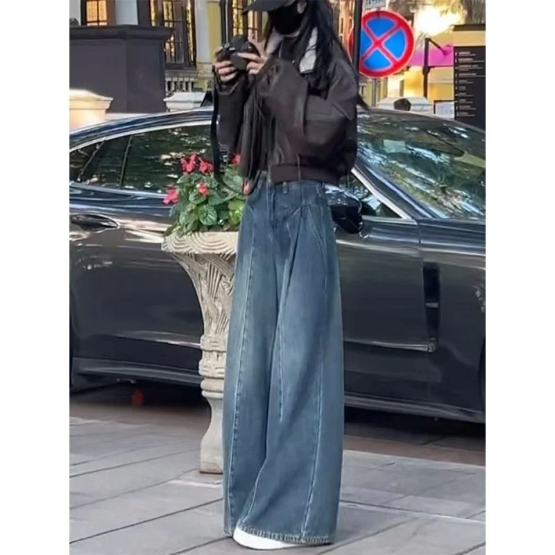 

Retro Blue Wide Leg Denim Jeans Women's Spring New Sle Loose High Waist Slim Straight Floor-Length Pants