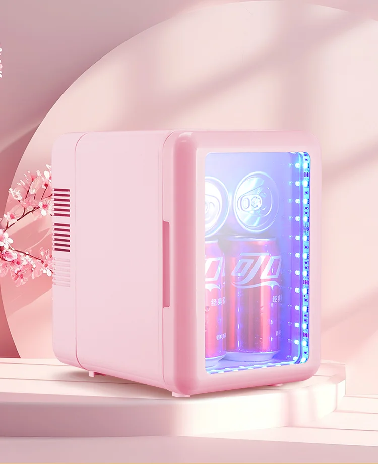 Rosa Farbe, transparente Tür, Theke, Getränke, Kühler, Gefrierschrank, Tischplatte, kleiner stummgeschalteter Kühlschrank, freistehender 4 l Mini-Kühlschrank für Zimmer