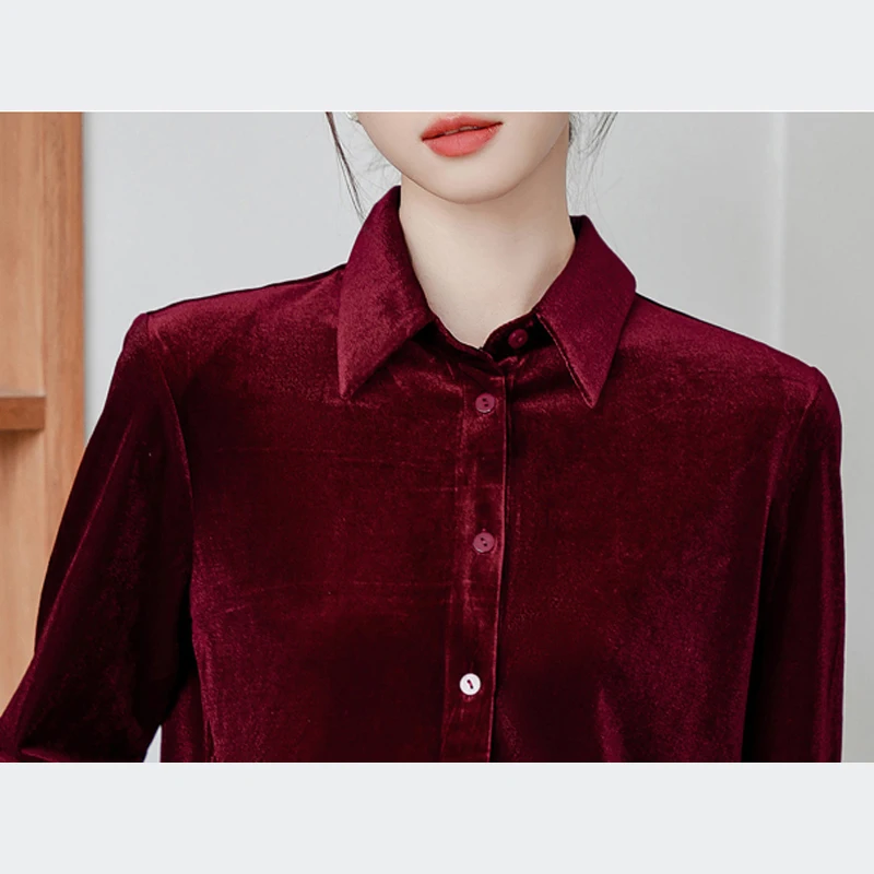 Elegant Autumn Winter Office Lady Basic Tops Vintage Long Sleeve Velour Blouses Women Fashion Turn Down Collar Button Shirts