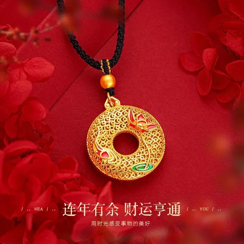 

9999 Real Gold 24K Carp Play Lotus Pendant Ancient Silk Hollow Enamel Color Lotus Fish Safety Buckle