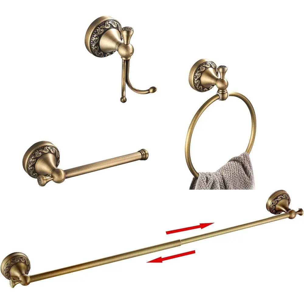 

Vintage Brass 4-Piece Bathroom Accessory Set: Wall-Mounted Towel Bar, Holder, Ring, and Robe Hook with Adjustable, Expandable Fe