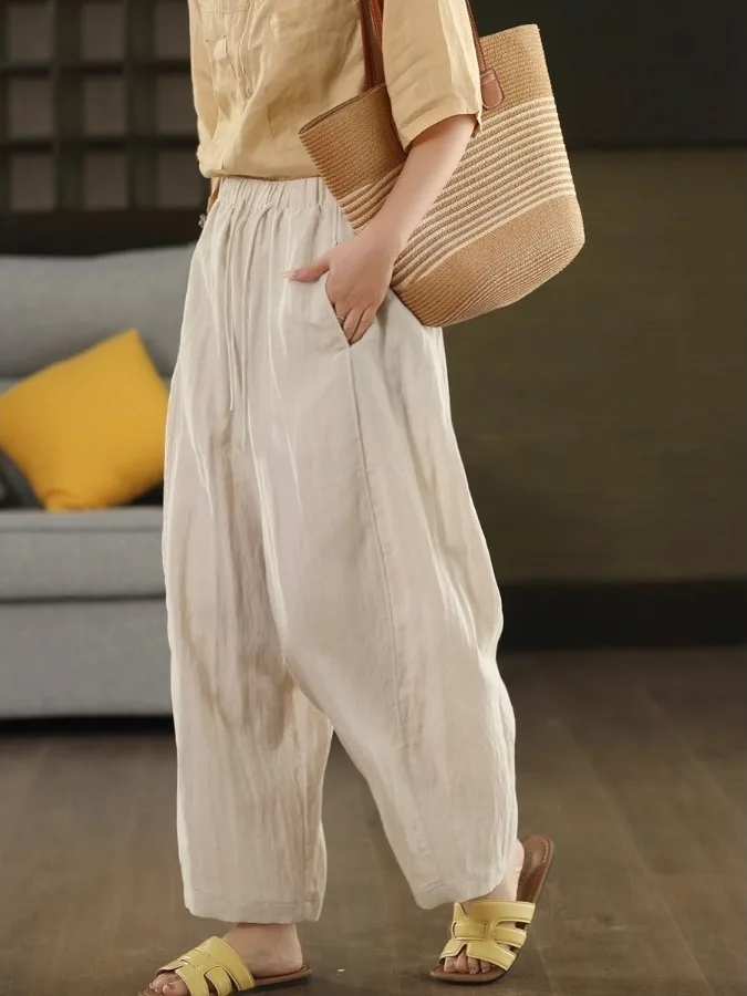 Casual losse linnen broek dames pure kleur zomer nieuwe Koreaanse Sle wijde pijpen afslanken negen punten Harlan broek